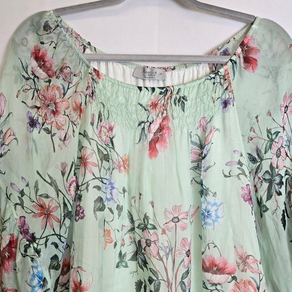 Angela Moda Floral Silk Sheer Lined Blouse, Cottagecore, Mint Green, Size Medium - Picture 2 of 11